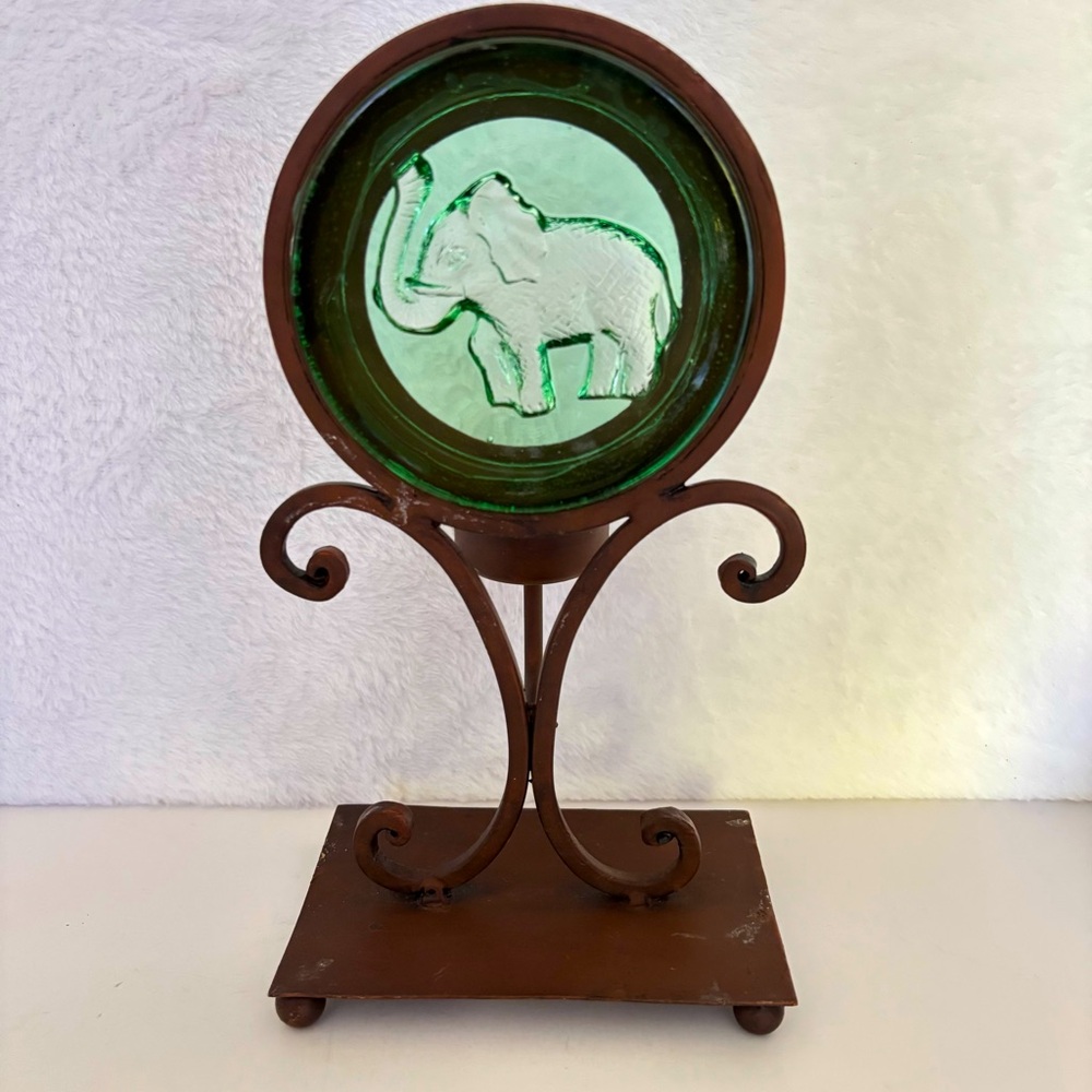 Elephant Glass and Metal Votive Holder Trunk Up
